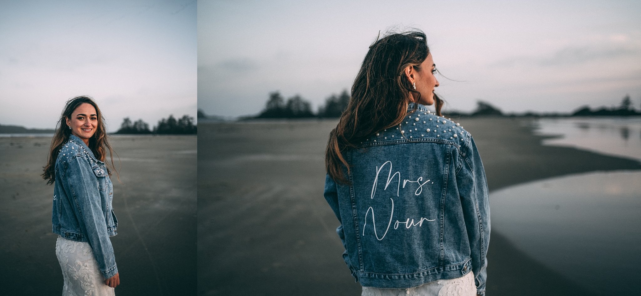 bride in customized jean jacket with new last name on back of jacket