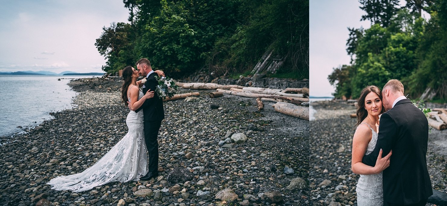 bride and groom kissing at their wedding on vancouver island